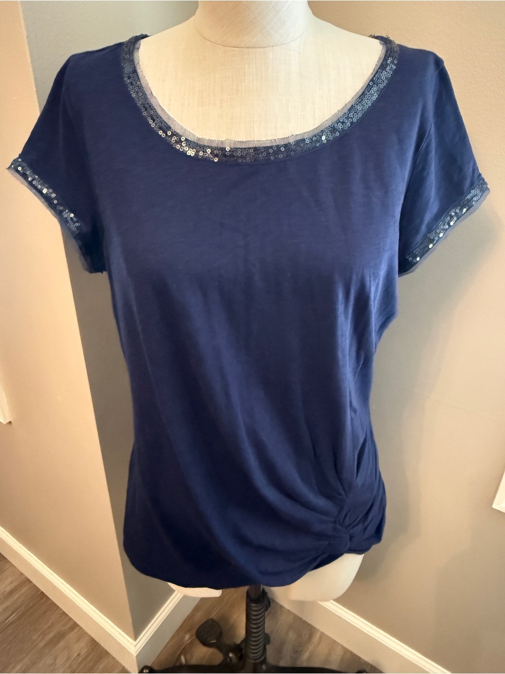 White House Black Market Navy Sequin-Trim Short Sleeve Tee